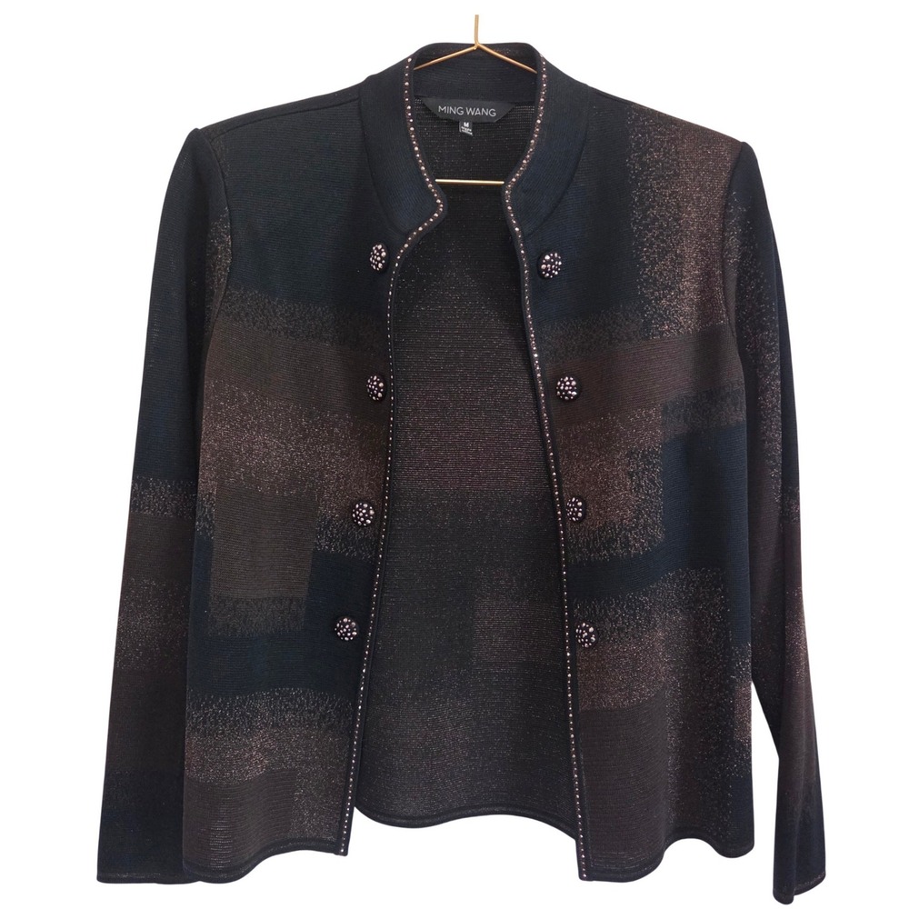 Ming Wang Black Metallic Copper Knit Jacket Shoulder Pads Beaded Trim Size M